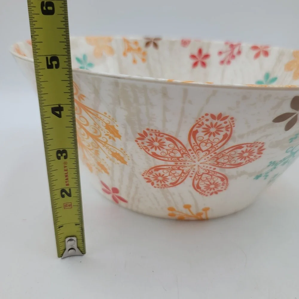 Large Crofton Aldi Serving Bowl Floral Woodgrain Pattern Orange Teal Cream 11.5
